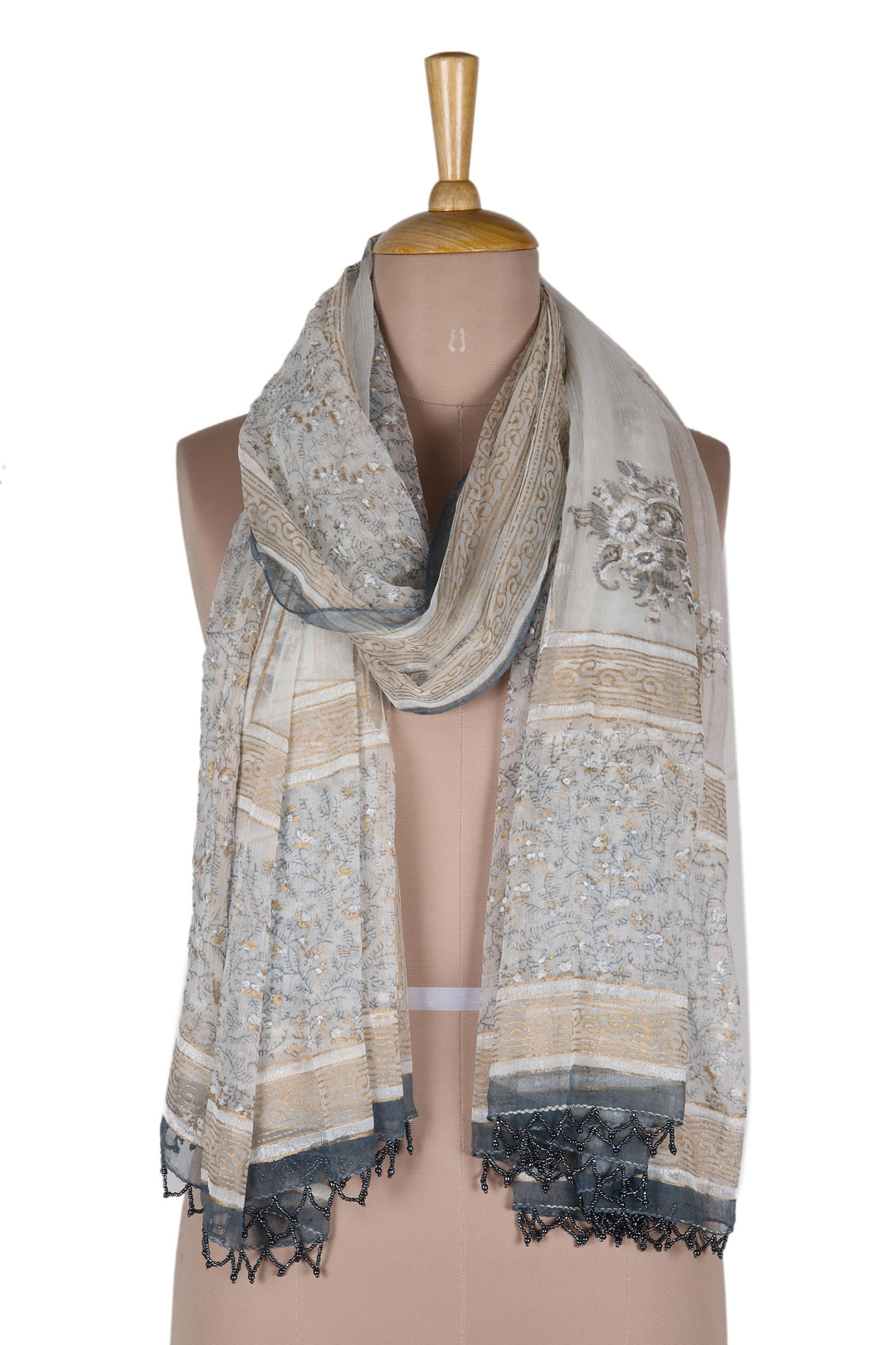 Block-Printed Paisley-Motif Viscose Shawl - Grey Paisley