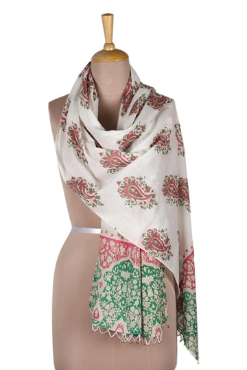 Block-Printed Paisley-Motif Cotton Shawl - Contrasting Paisley