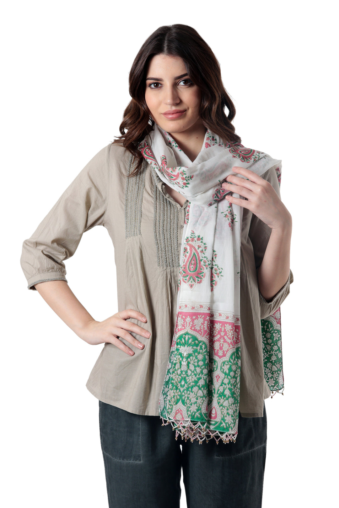 Block-Printed Paisley-Motif Cotton Shawl - Contrasting Paisley
