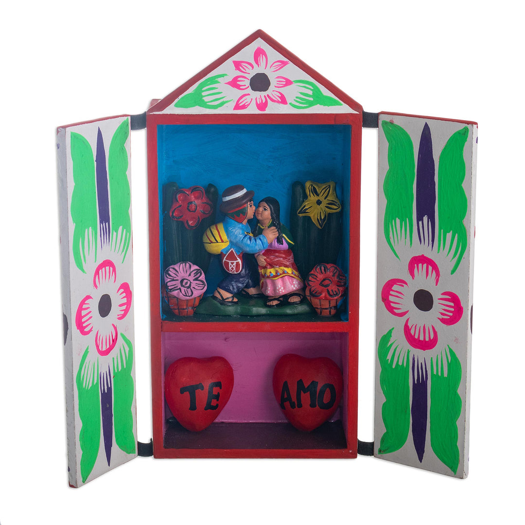 Romantic Folk Art Wood and Ceramic Retablo from Peru - Te Amo