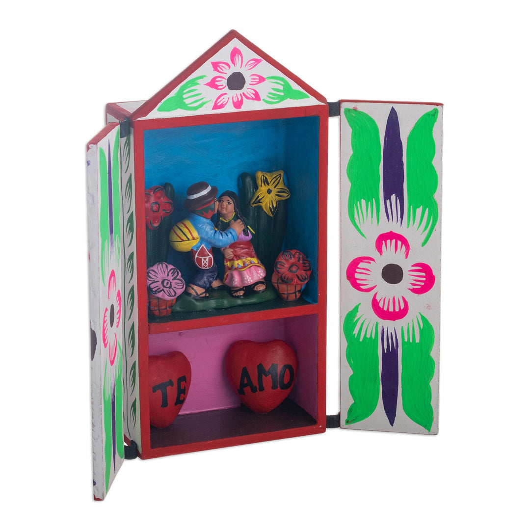 Romantic Folk Art Wood and Ceramic Retablo from Peru - Te Amo