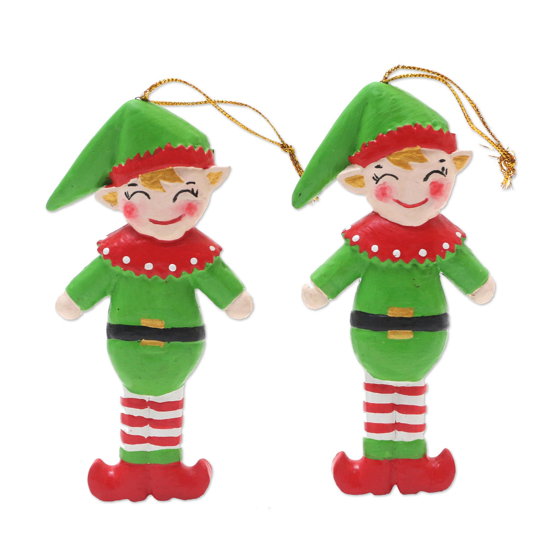 Handmade Albesia Wood Elf Holiday Ornaments (Pair) - Happy Elves