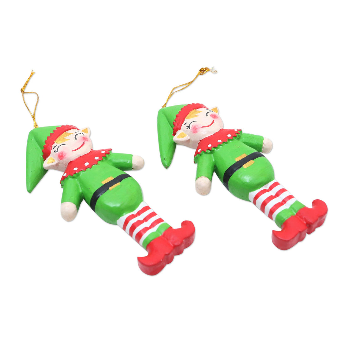 Handmade Albesia Wood Elf Holiday Ornaments (Pair) - Happy Elves