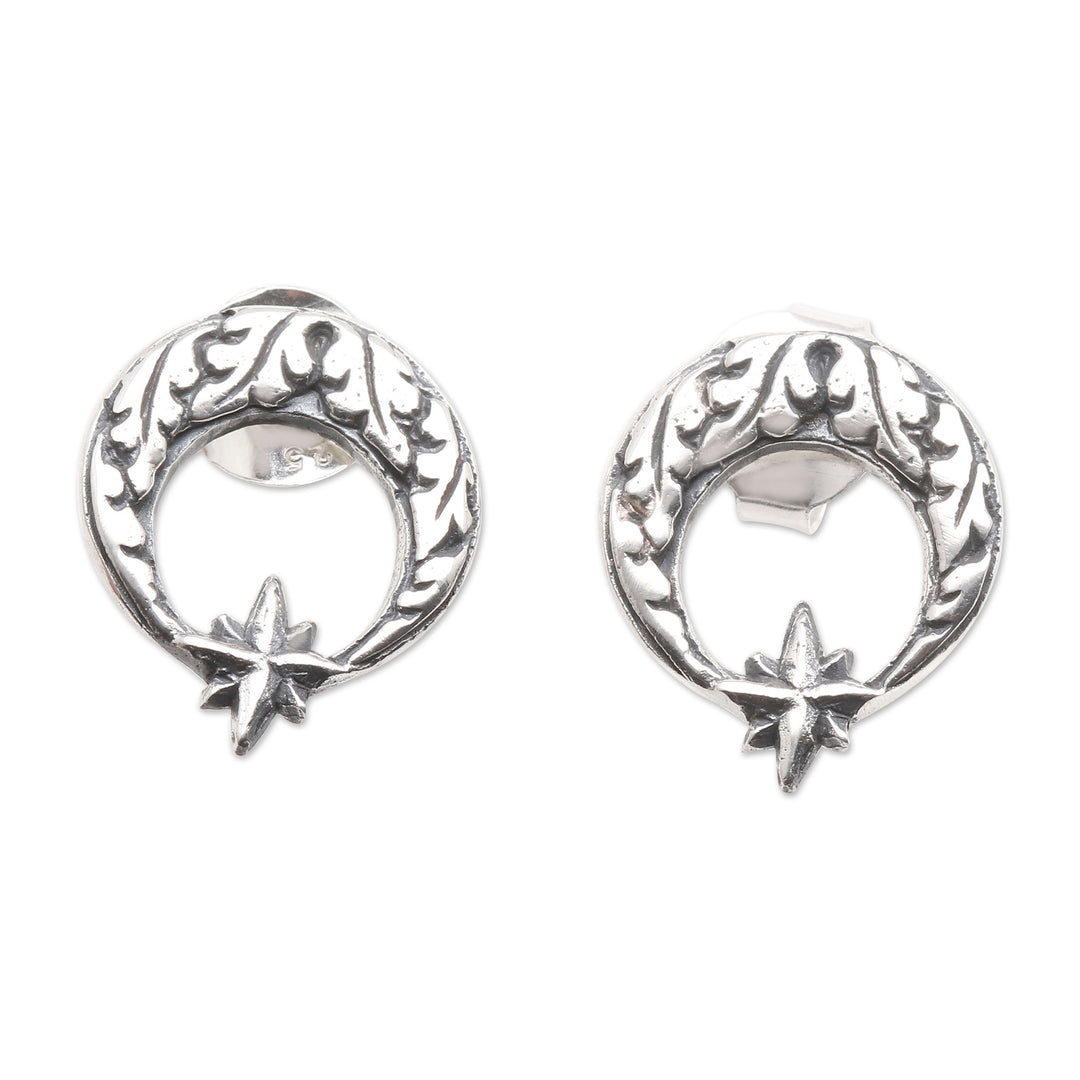 Sterling Silver Crescent Moon Button Earrings - Balinese Star