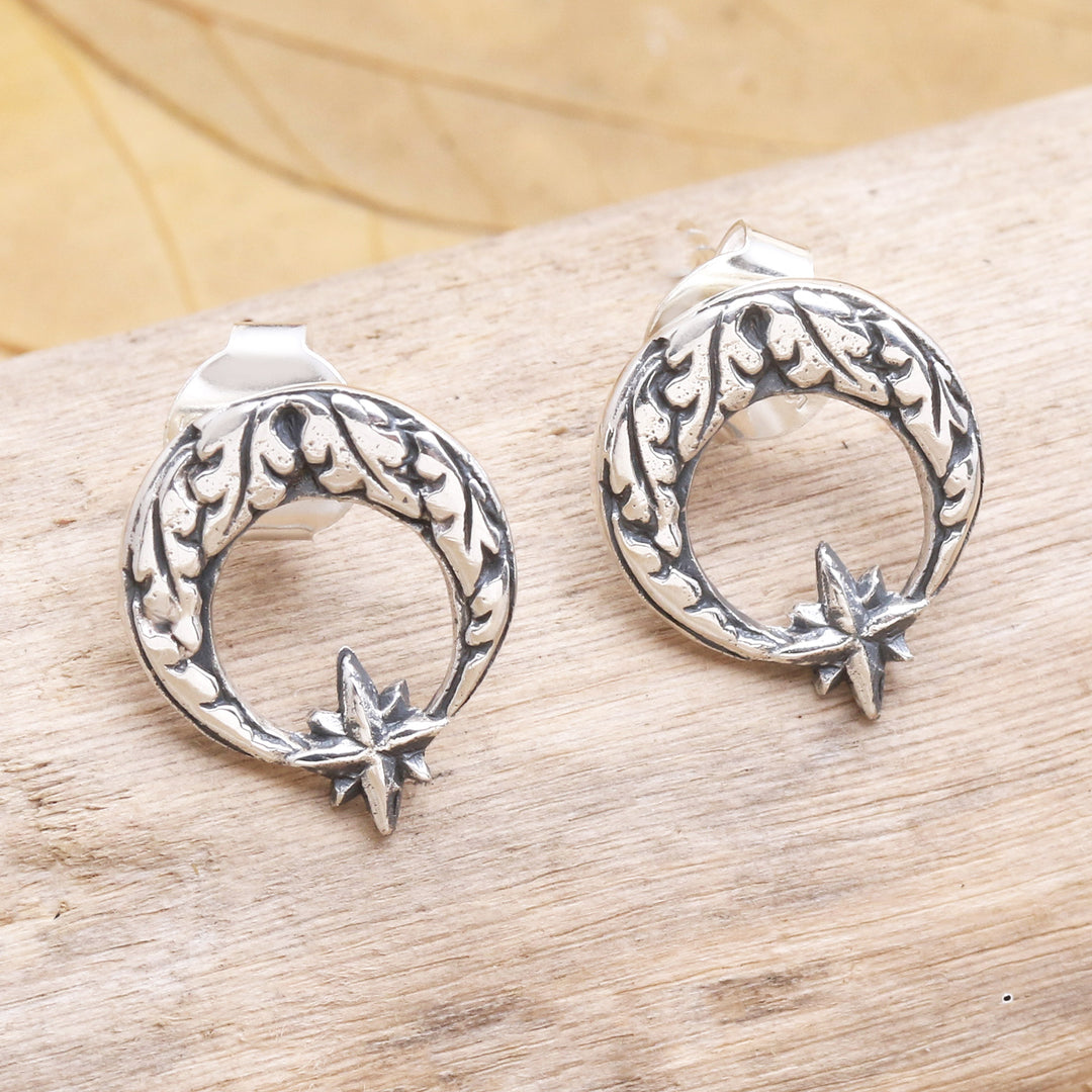 Sterling Silver Crescent Moon Button Earrings - Balinese Star