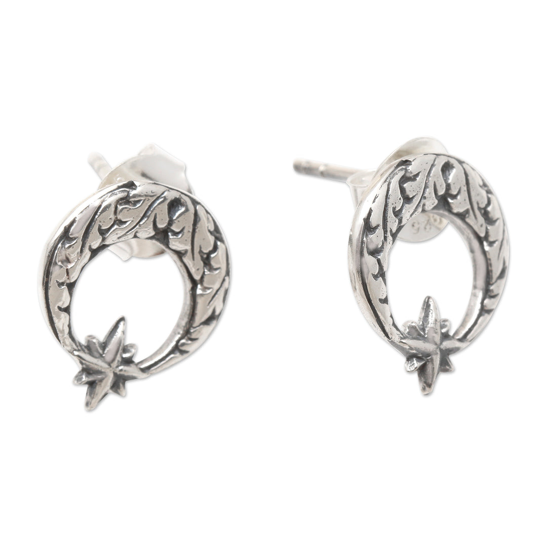 Sterling Silver Crescent Moon Button Earrings - Balinese Star