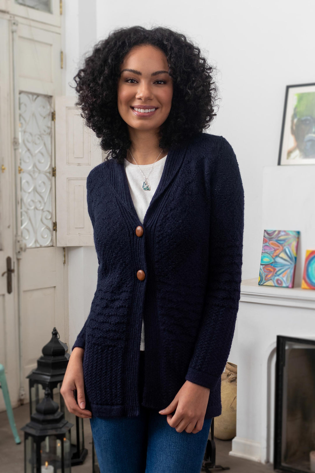 Navy Blue Alpaca Blend Button Down Cardigan Sweater - Textures in Blue