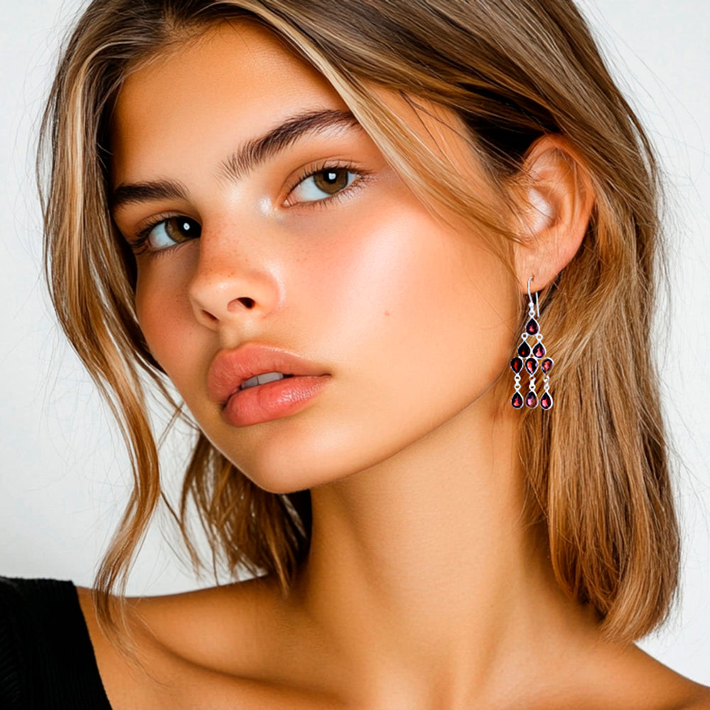 Sterling Silver and Garnet Chandelier Earrings - Garnet Cascade