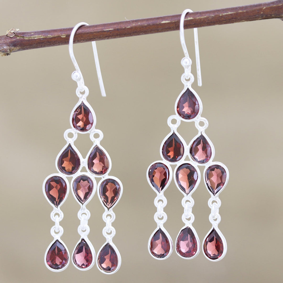 Sterling Silver and Garnet Chandelier Earrings - Garnet Cascade