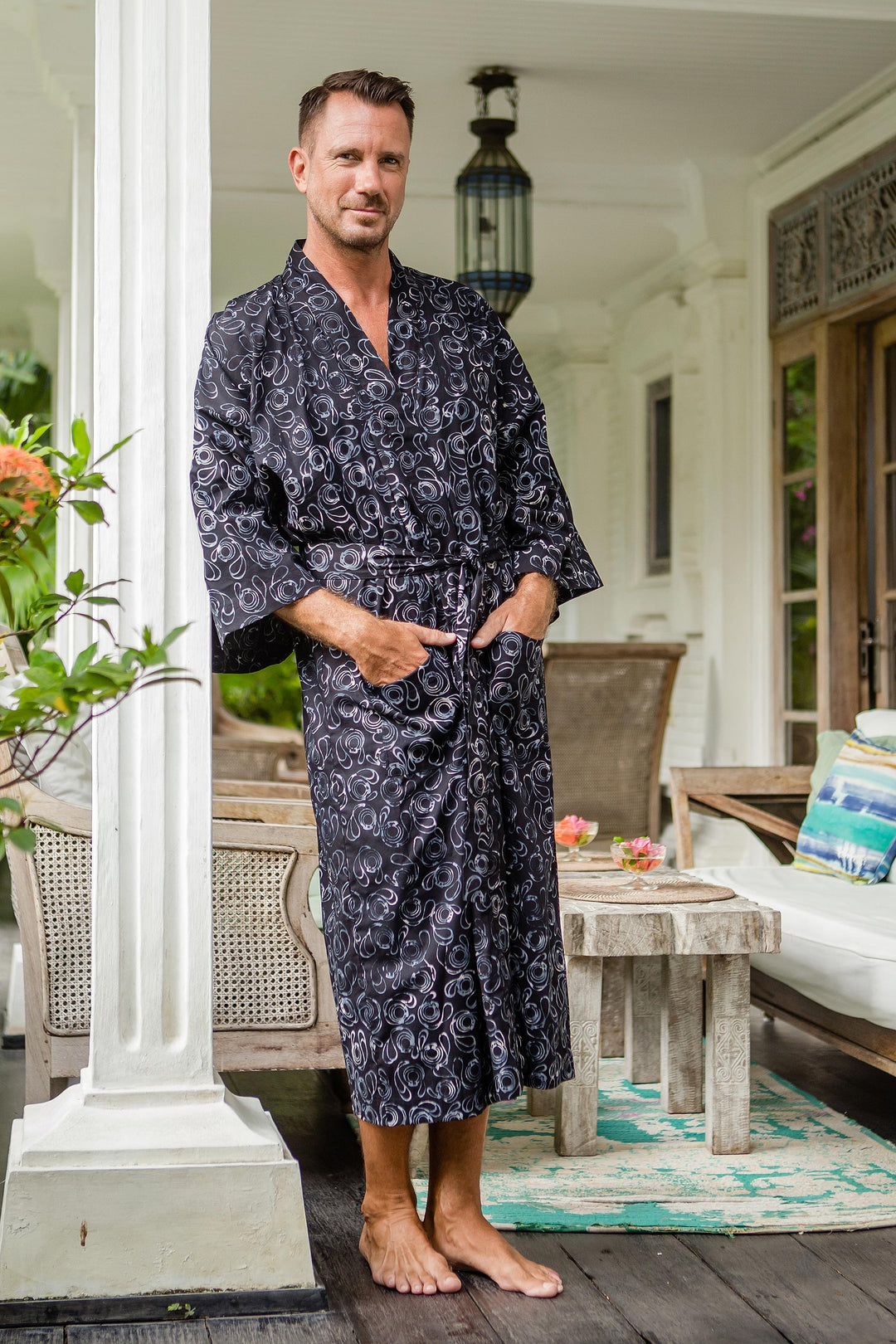 Men's Belted Cotton Robe - Midnight Sky