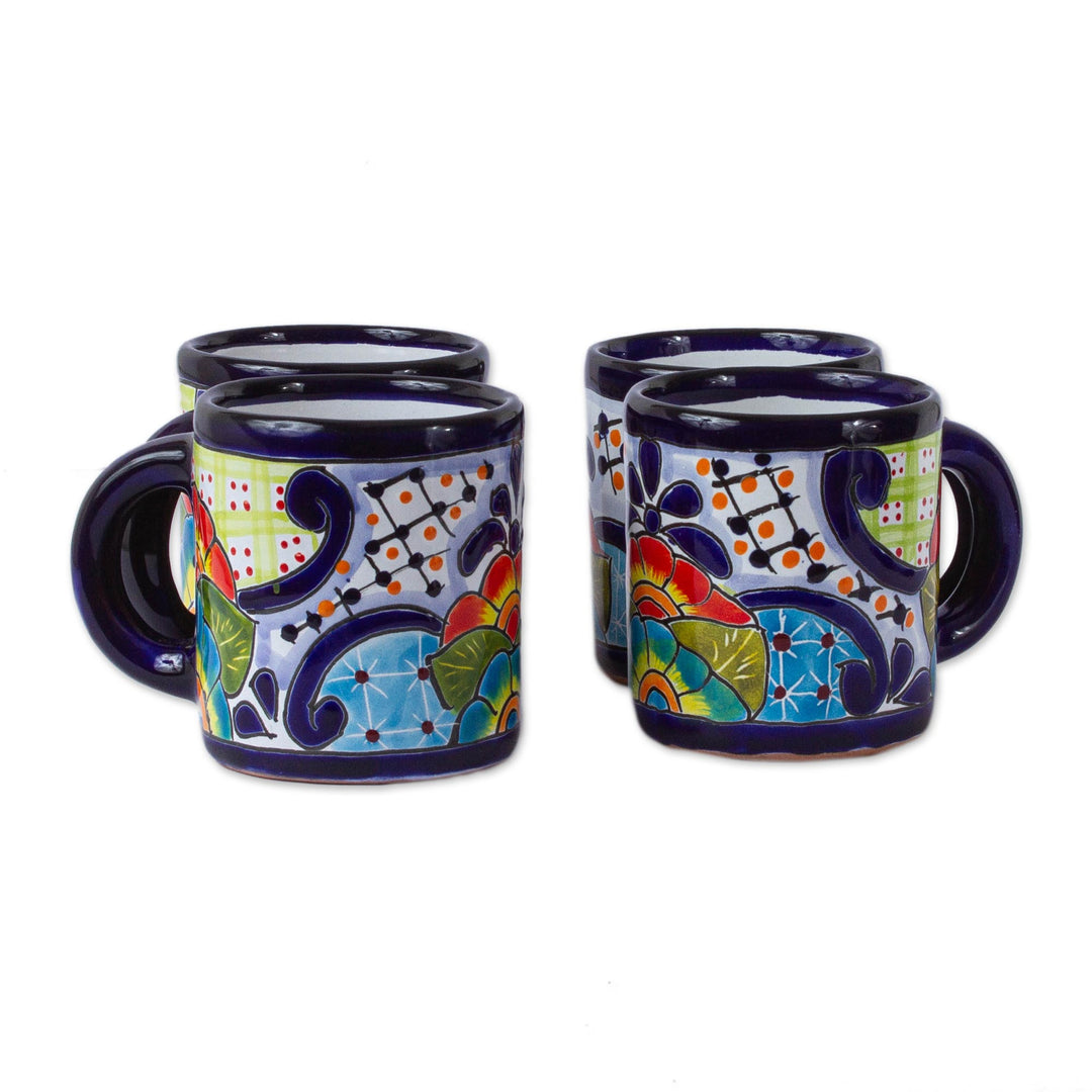 Four Mexican Talavera Style Floral Ceramic Mugs - Raining Flowers