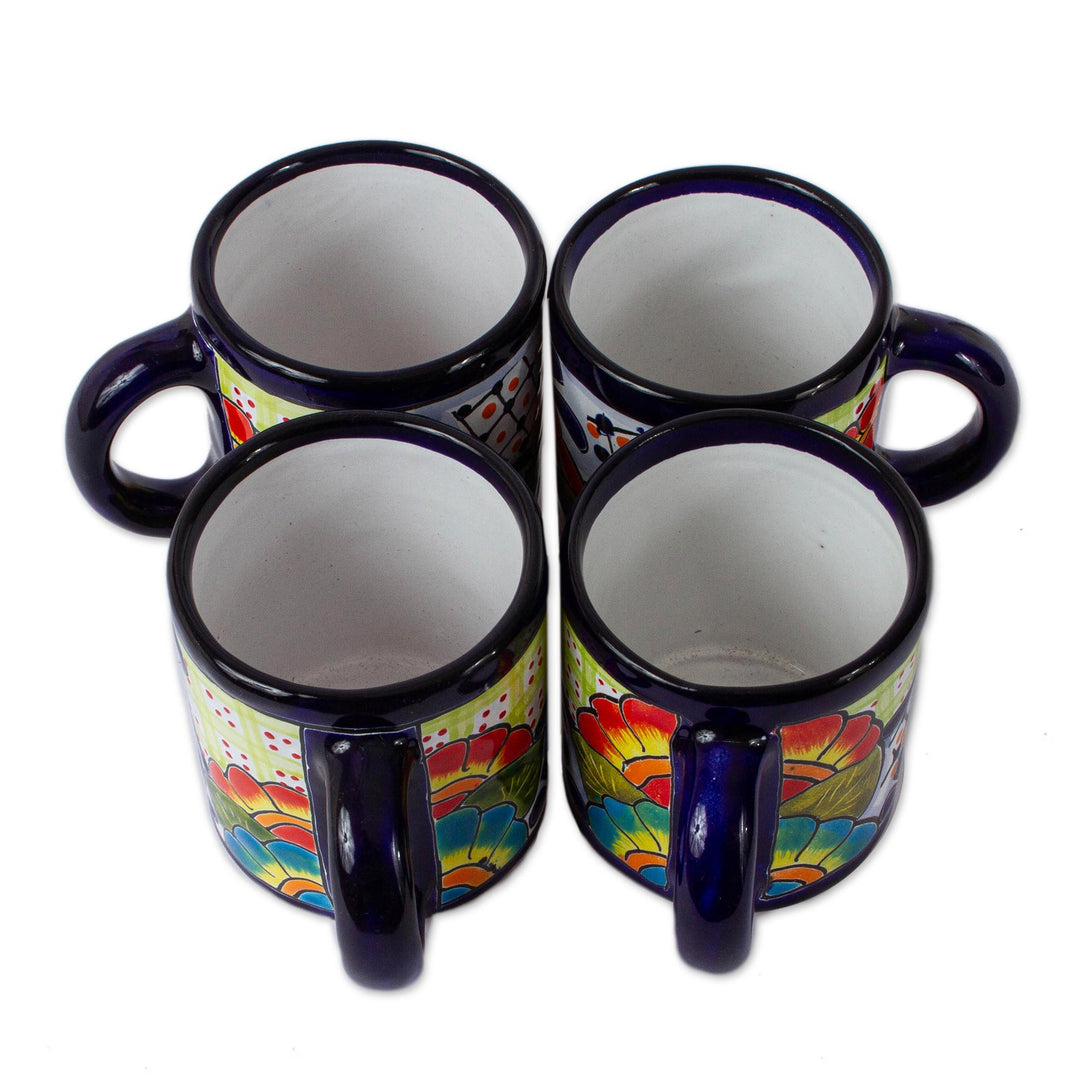 Four Mexican Talavera Style Floral Ceramic Mugs - Raining Flowers