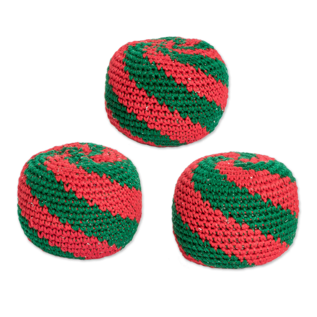 Set of 3 Handcrafted Cotton Hacky Sacks in Emerald and Red - Emerald Fun