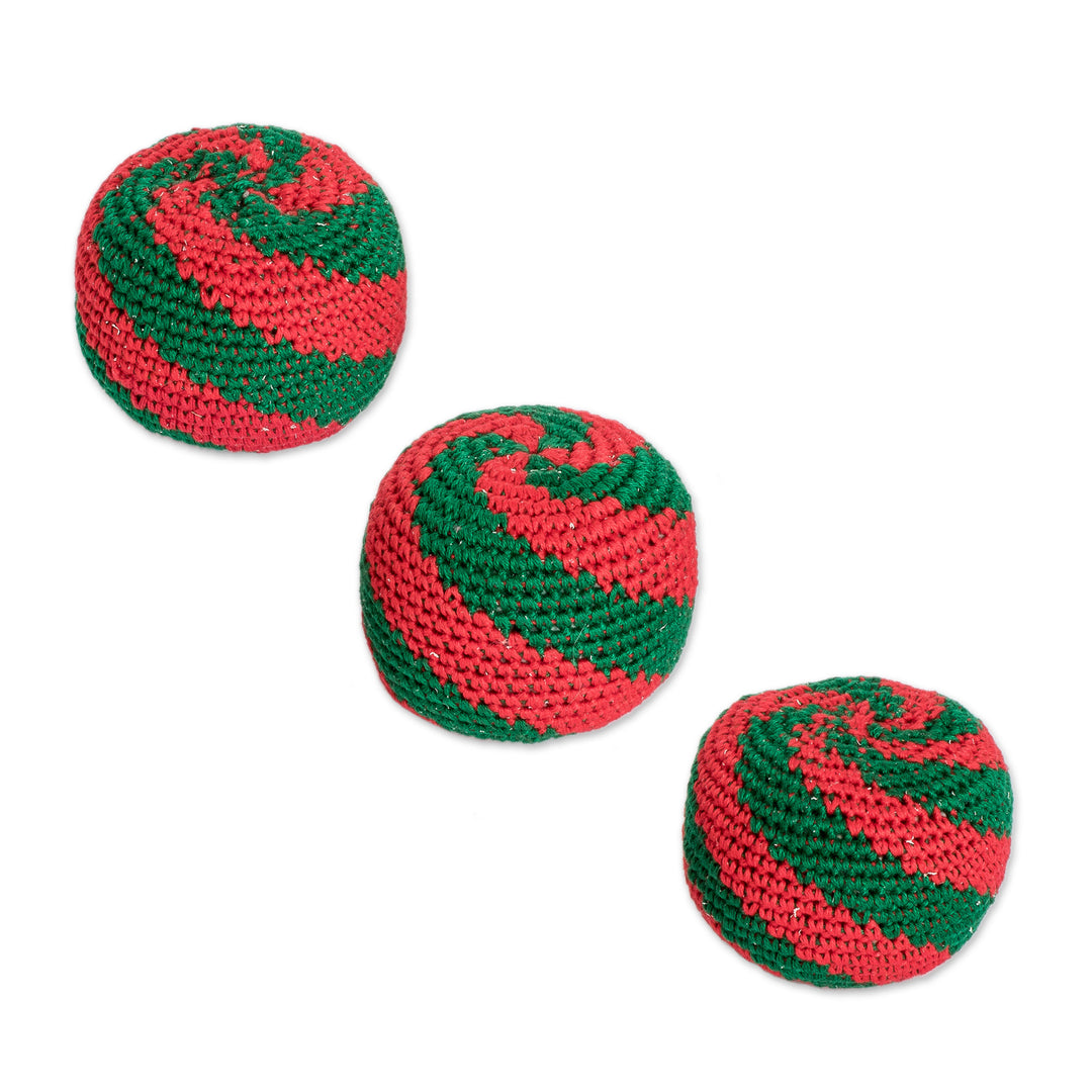 Set of 3 Handcrafted Cotton Hacky Sacks in Emerald and Red - Emerald Fun