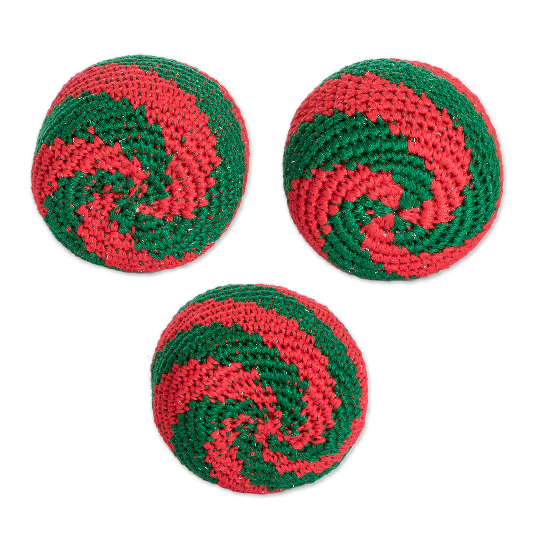 Set of 3 Handcrafted Cotton Hacky Sacks in Emerald and Red - Emerald Fun