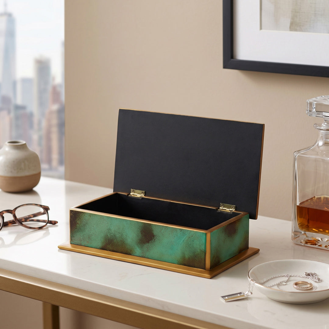 Hand Painted Glass and Wood Decorative Box - Ocean Harmony in Green