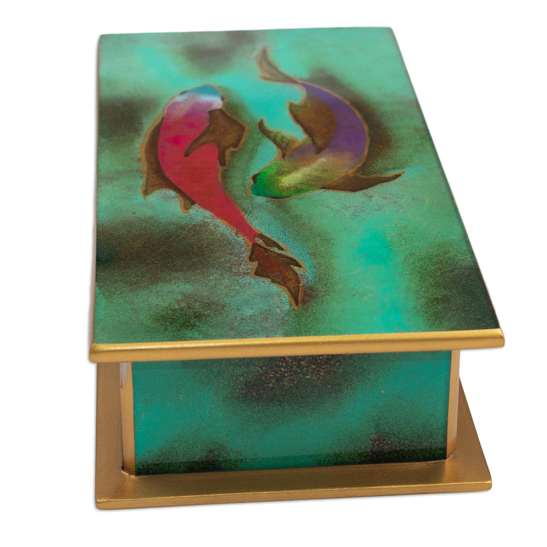 Hand Painted Glass and Wood Decorative Box - Ocean Harmony in Green