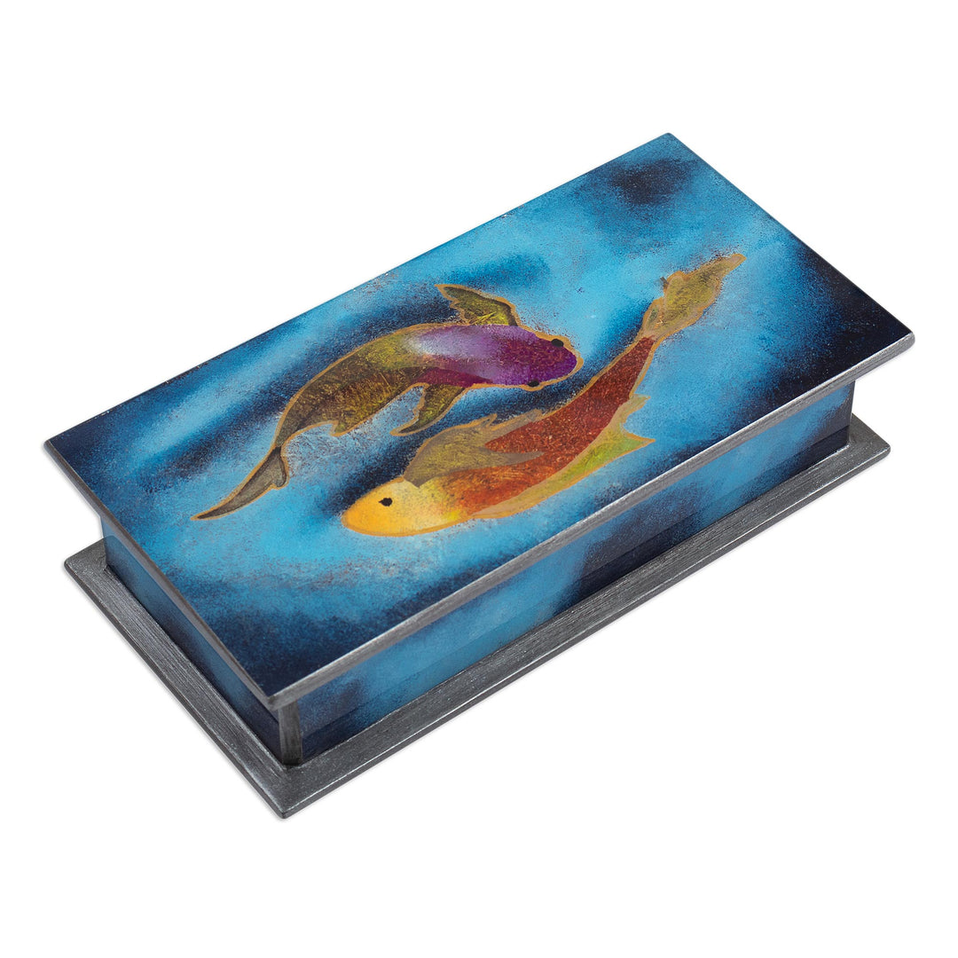 Artisan Crafted Wood and Glass Decorative Box - Ocean Harmony in Blue