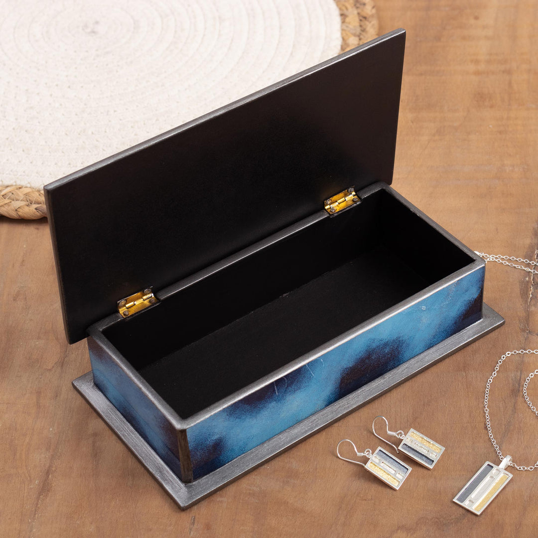 Artisan Crafted Wood and Glass Decorative Box - Ocean Harmony in Blue