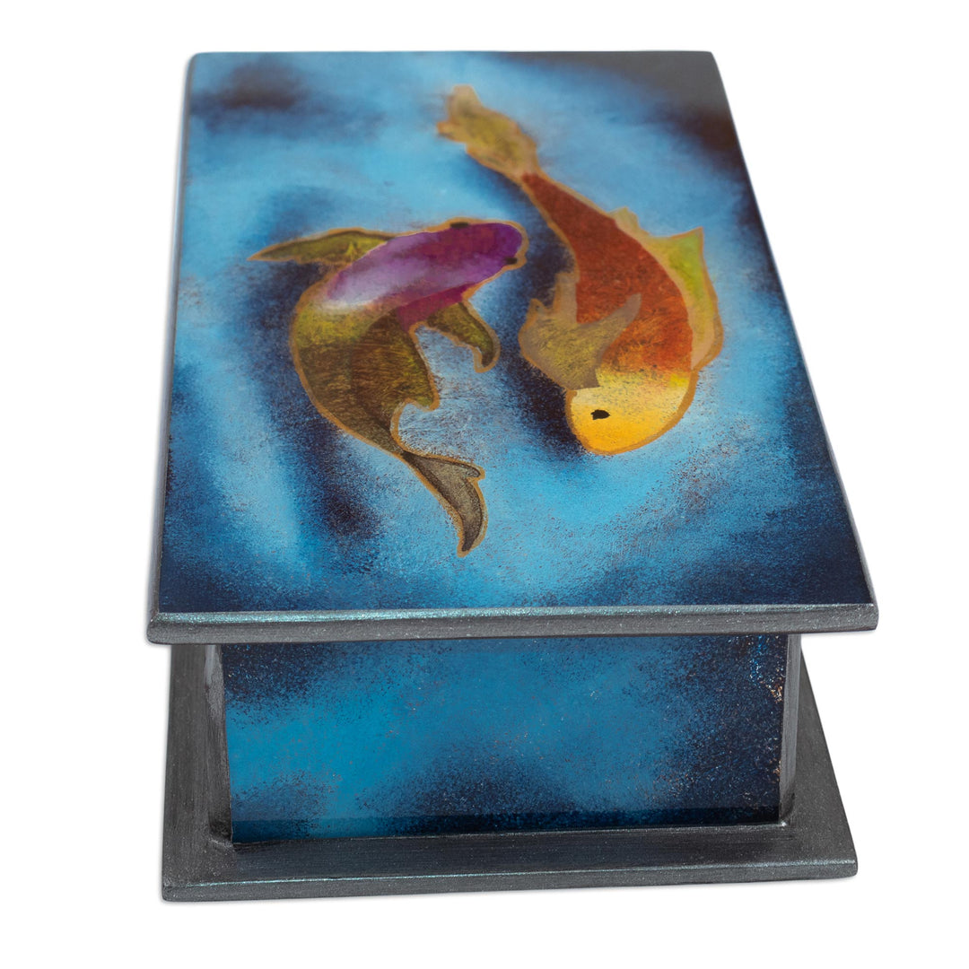 Artisan Crafted Wood and Glass Decorative Box - Ocean Harmony in Blue