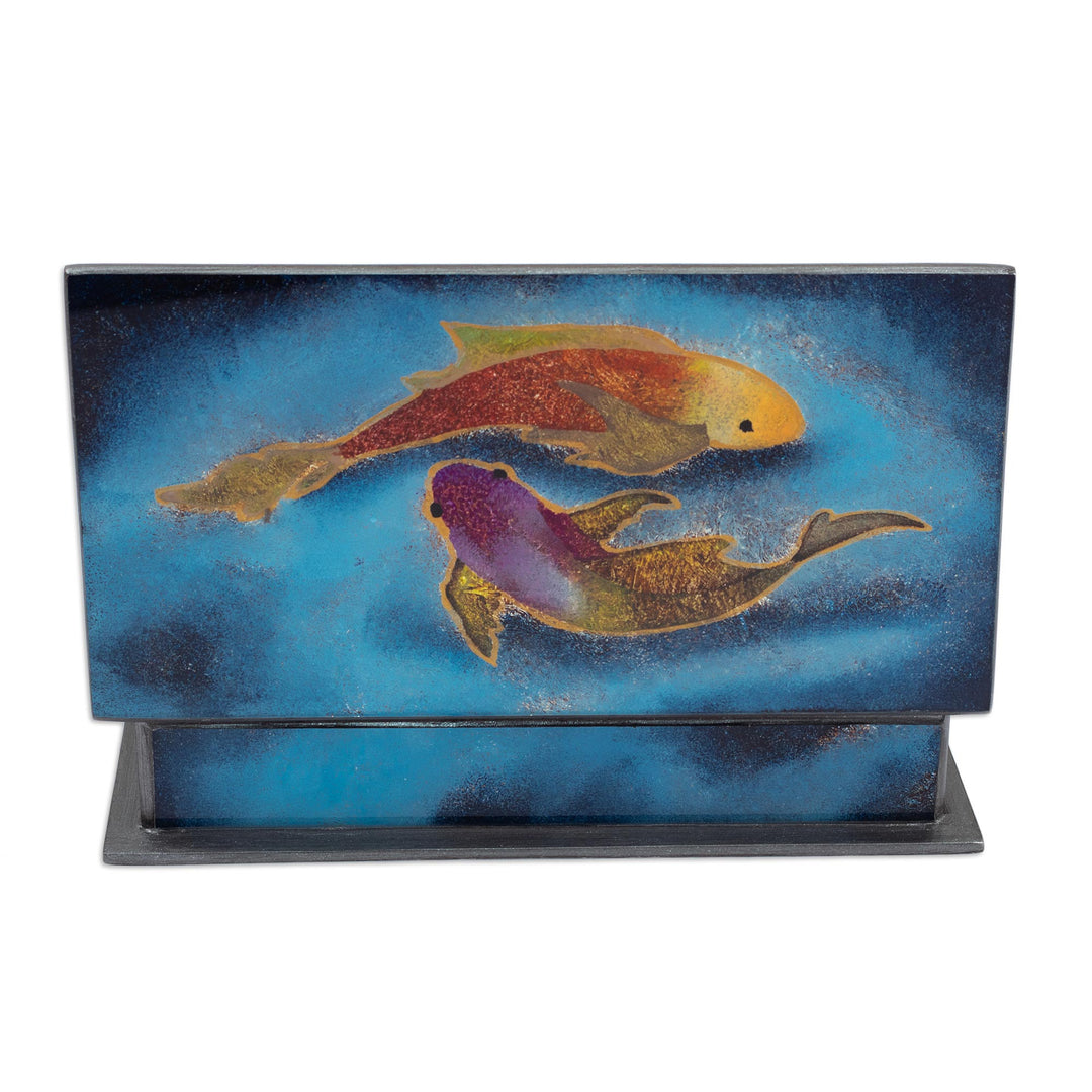 Artisan Crafted Wood and Glass Decorative Box - Ocean Harmony in Blue