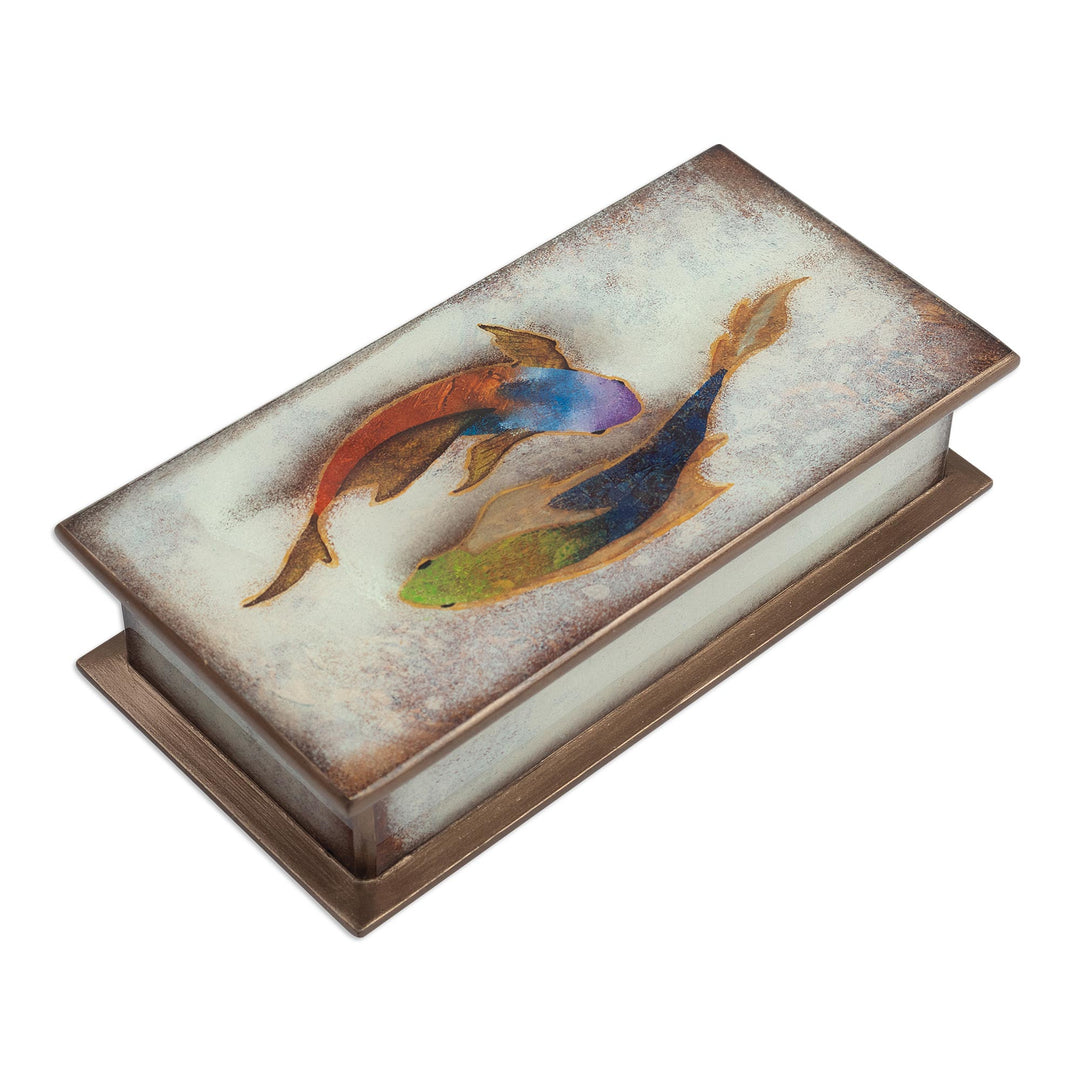 Fish Themed Reverse-Painted Glass Box - Ocean Harmony in White