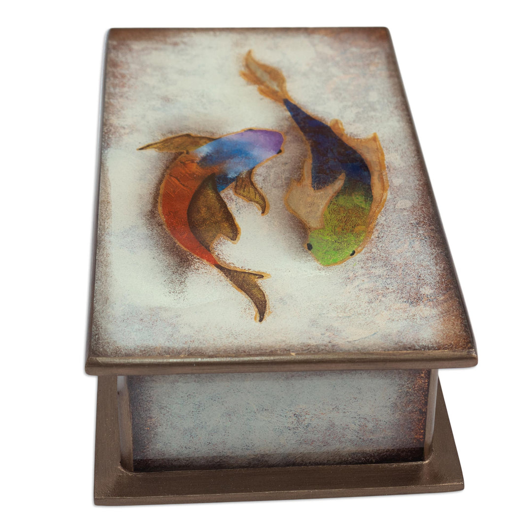 Fish Themed Reverse-Painted Glass Box - Ocean Harmony in White