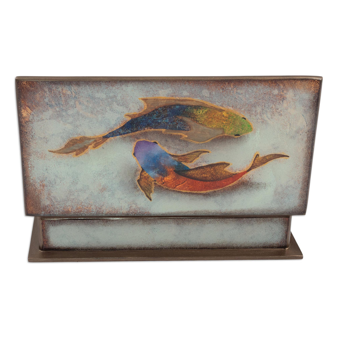 Fish Themed Reverse-Painted Glass Box - Ocean Harmony in White