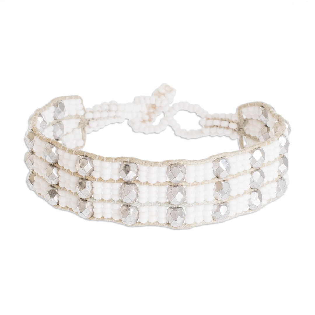 Handmade White Beaded Bracelet - Kinship in White and Silver