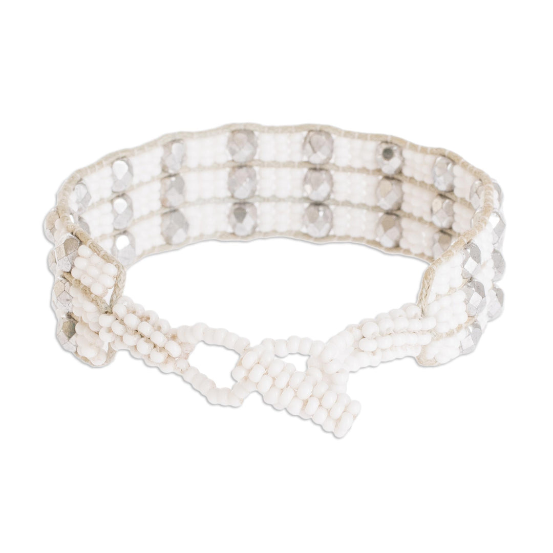 Handmade White Beaded Bracelet - Kinship in White and Silver