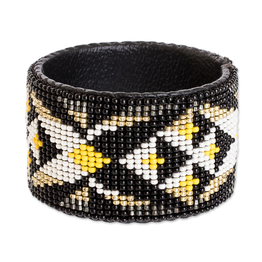 Handmade Beaded Leather Cuff Bracelet - Transcendent Geometry