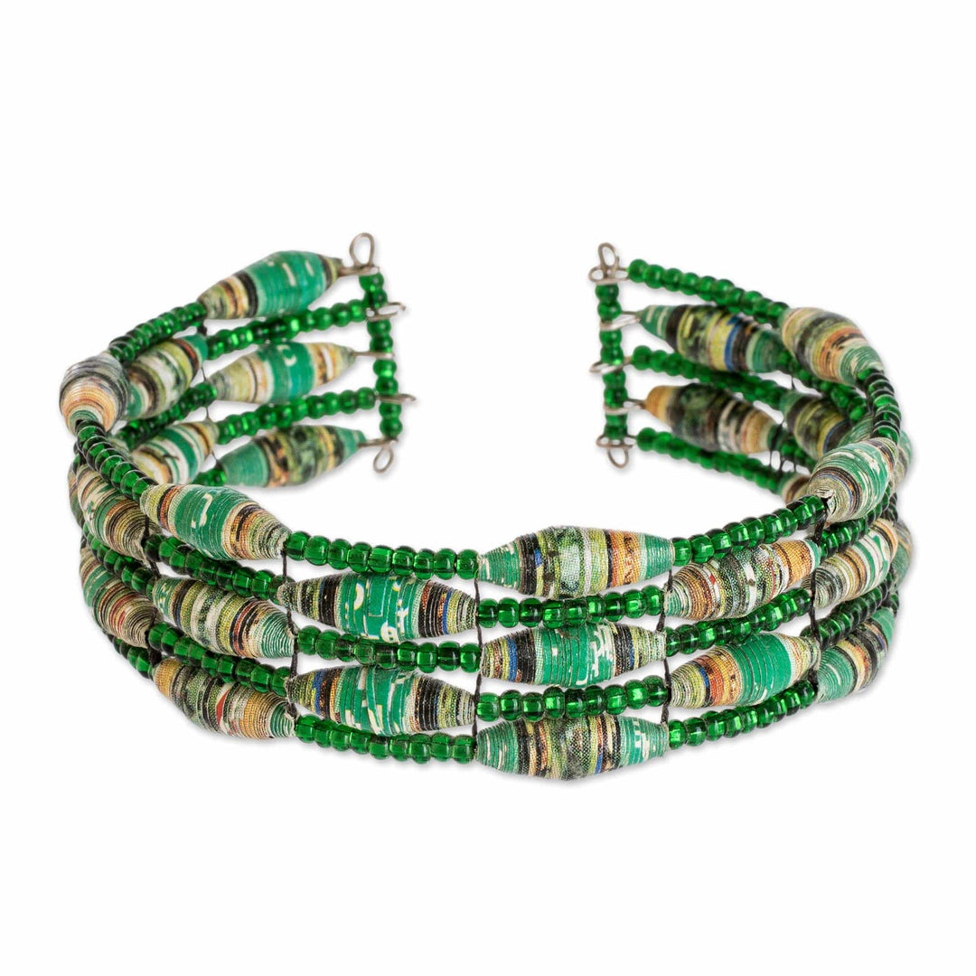 Green Recycled Paper and Glass Bead Bracelet - Nature of Life in Green