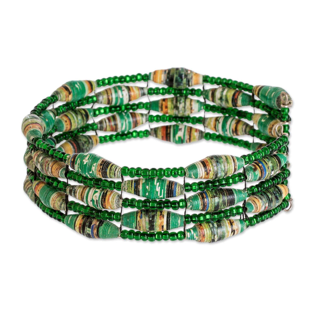 Green Recycled Paper and Glass Bead Bracelet - Nature of Life in Green
