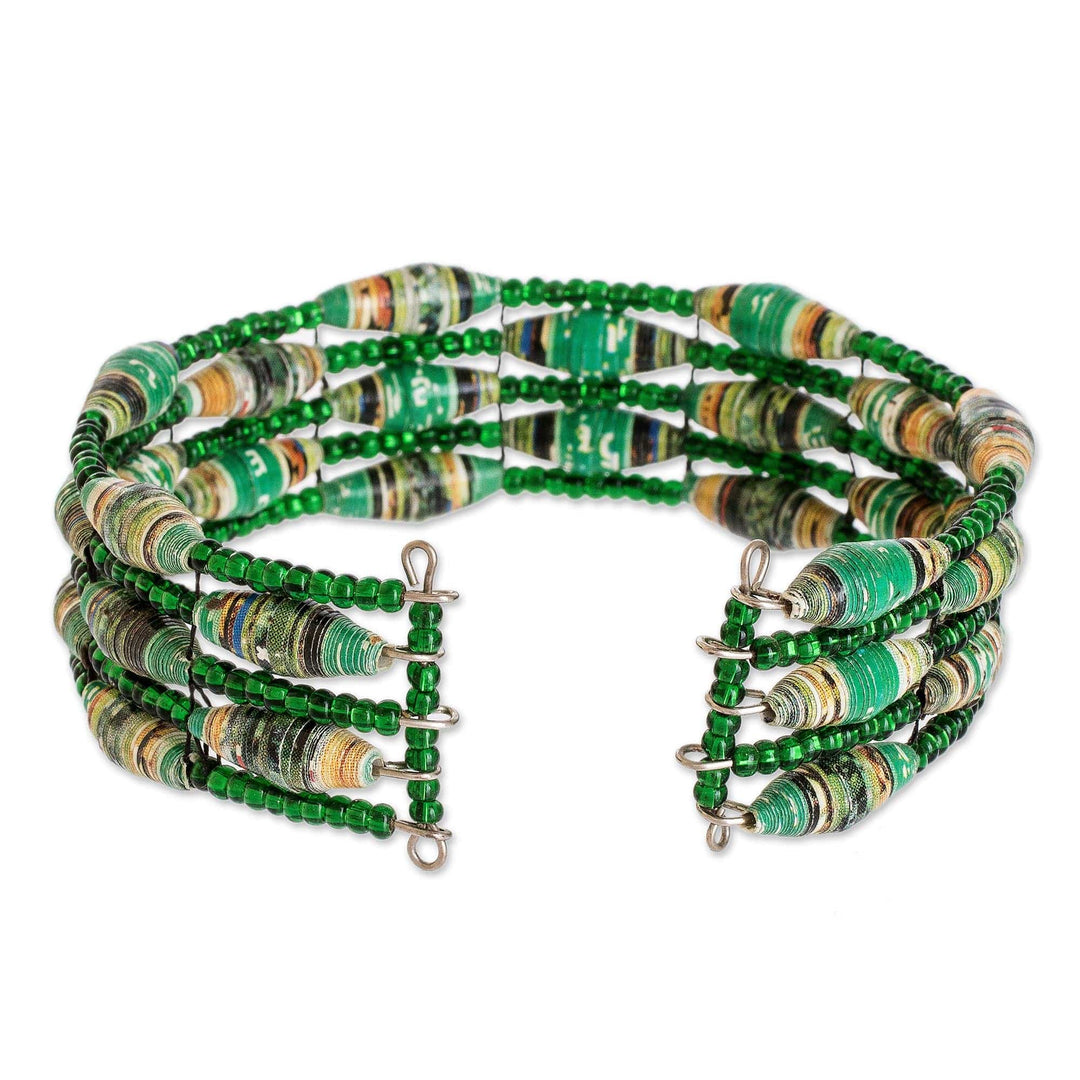 Green Recycled Paper and Glass Bead Bracelet - Nature of Life in Green