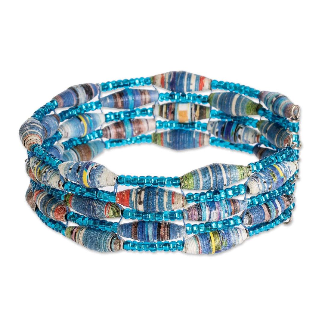 Blue Paper and Glass Bead Cuff Bracelet - Nature of Life in Blue