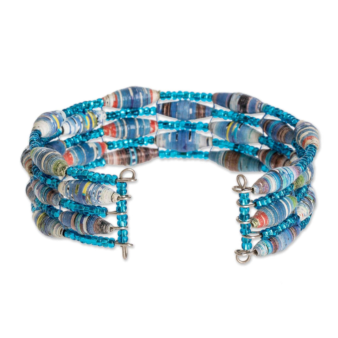 Blue Paper and Glass Bead Cuff Bracelet - Nature of Life in Blue