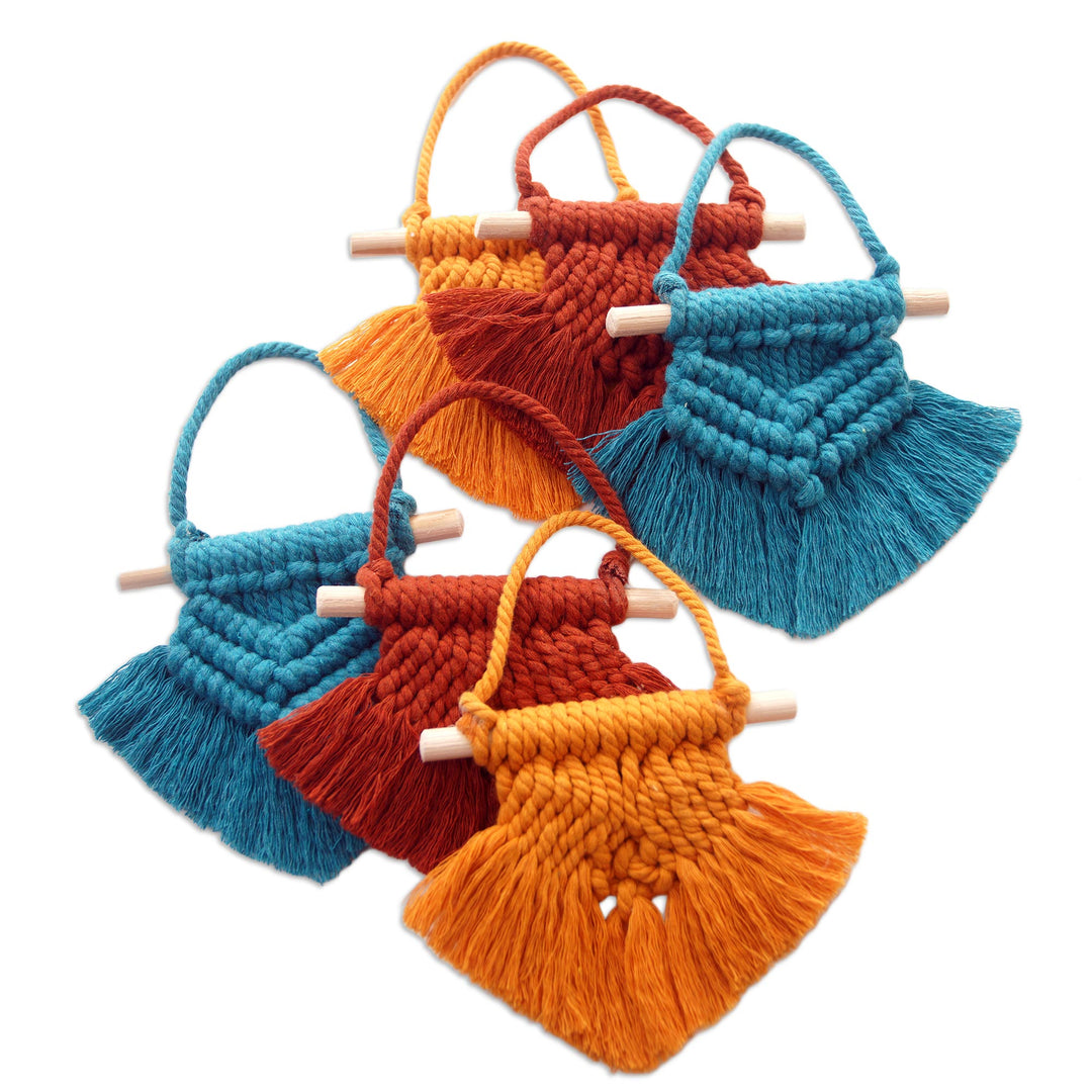 Hand Woven Colorful Cotton Holiday Ornaments (Set of 6) - Boho Christmas