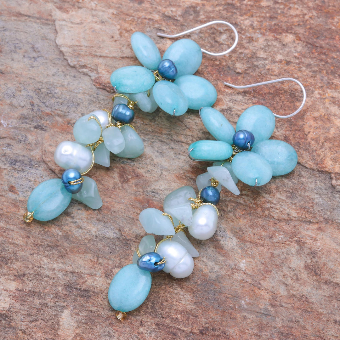 Amazonite and Cultured Pearl Floral Earrings - Petal Passion in Seafoam