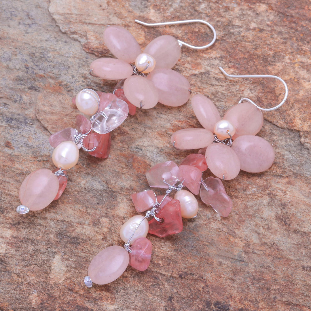 Pink Quartz and Cultured Pearl Floral Earrings - Petal Passion in Pink