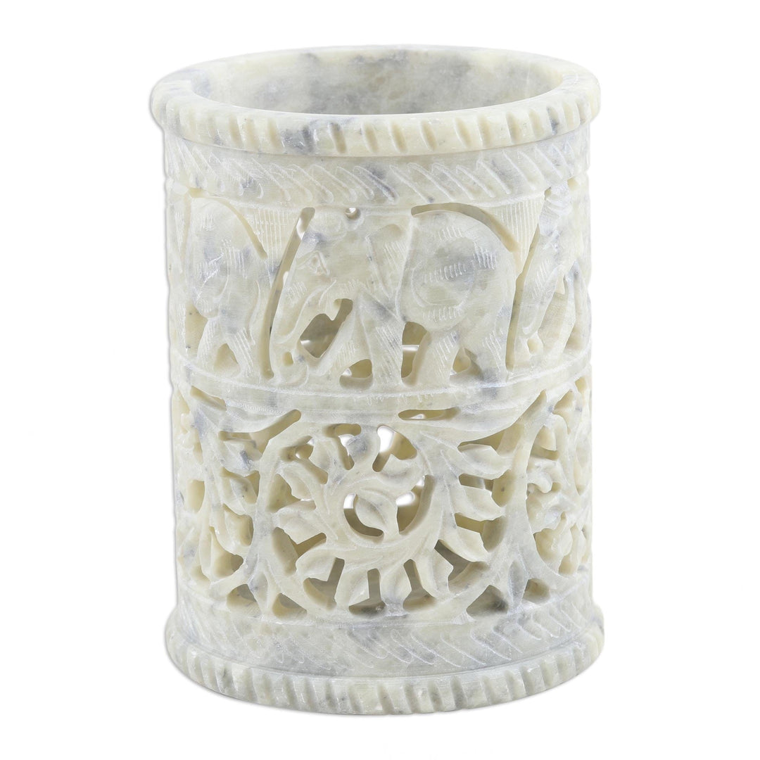 Hand Crafted Soapstone Elephant Pen Holder - Botanical Elephant