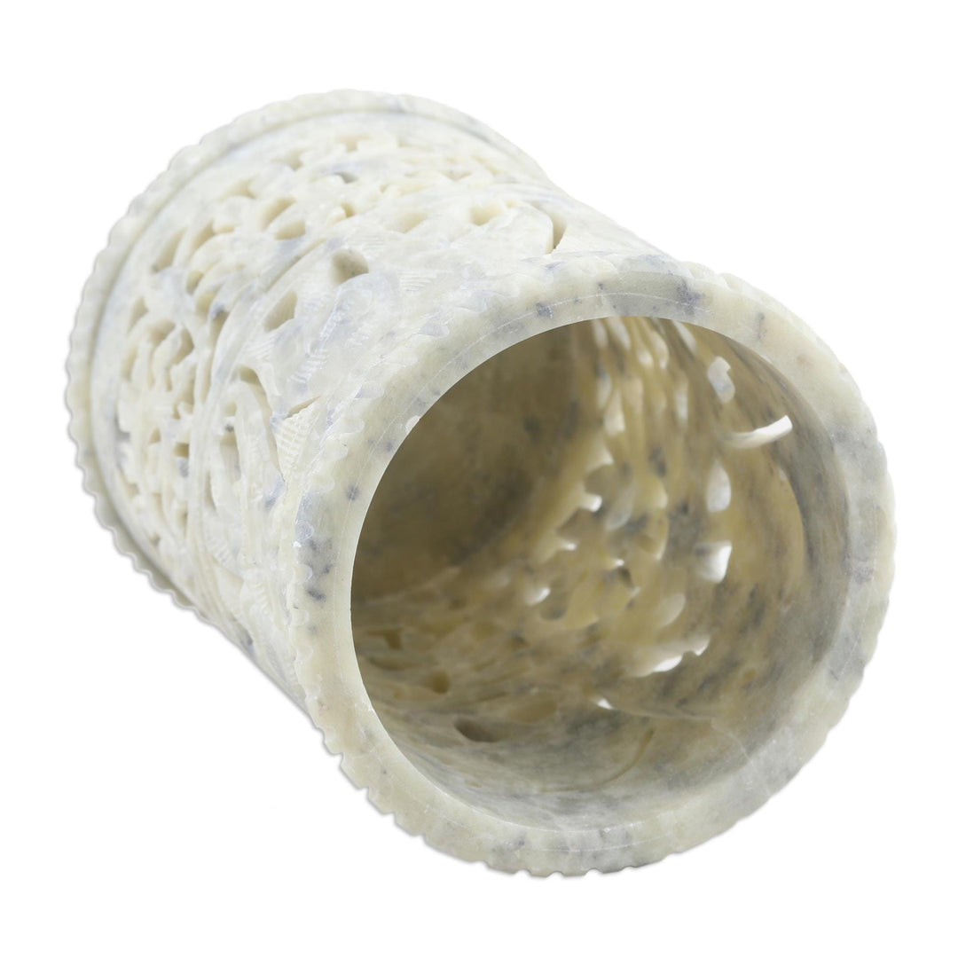 Hand Crafted Soapstone Elephant Pen Holder - Botanical Elephant