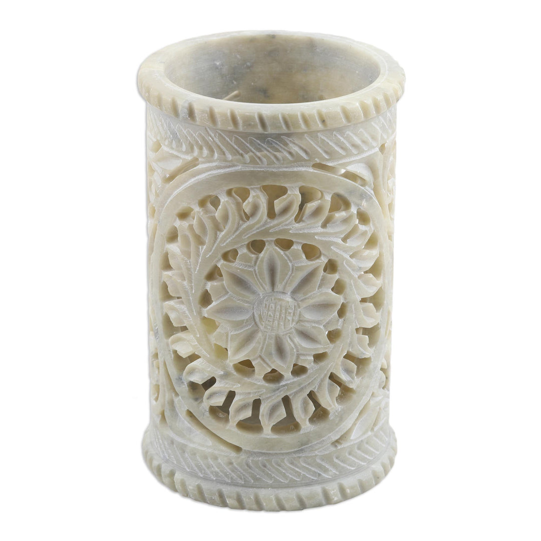Hand Made Soapstone Floral Pen Holder - Botanical Fantasy