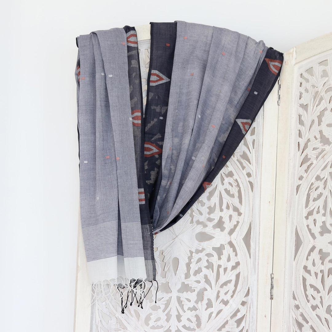 Artisan Crafted Cotton Muslin and Silk Shawl - Rustic Midnight