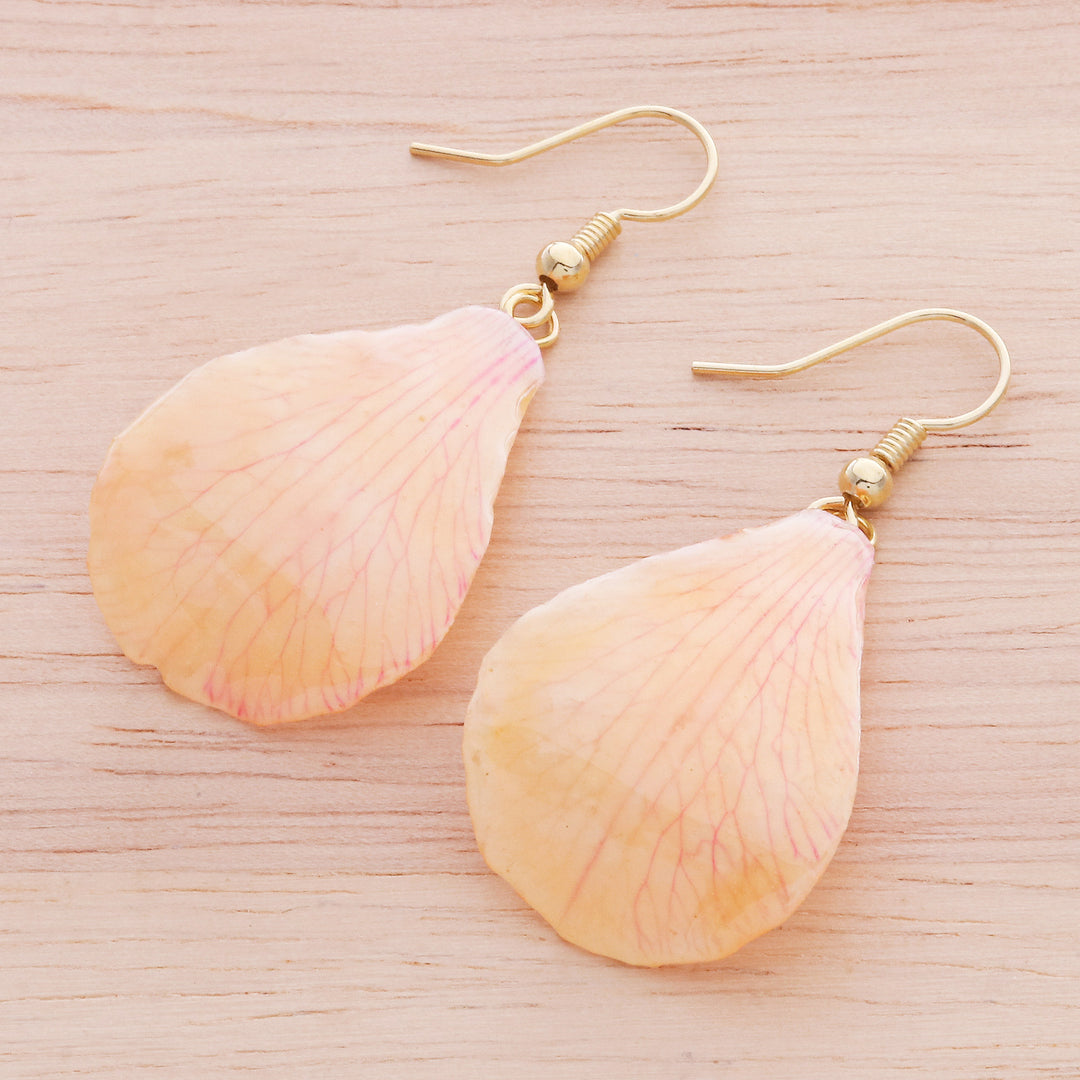 Gold-Plated Orange Orchid Petal Dangle Earrings - Summer Treat in Orange