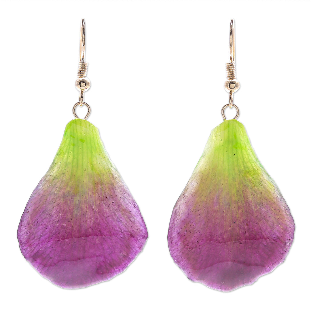 Gold-Plated Orchid Petal Dangle Earrings - Summer Treat in Berry