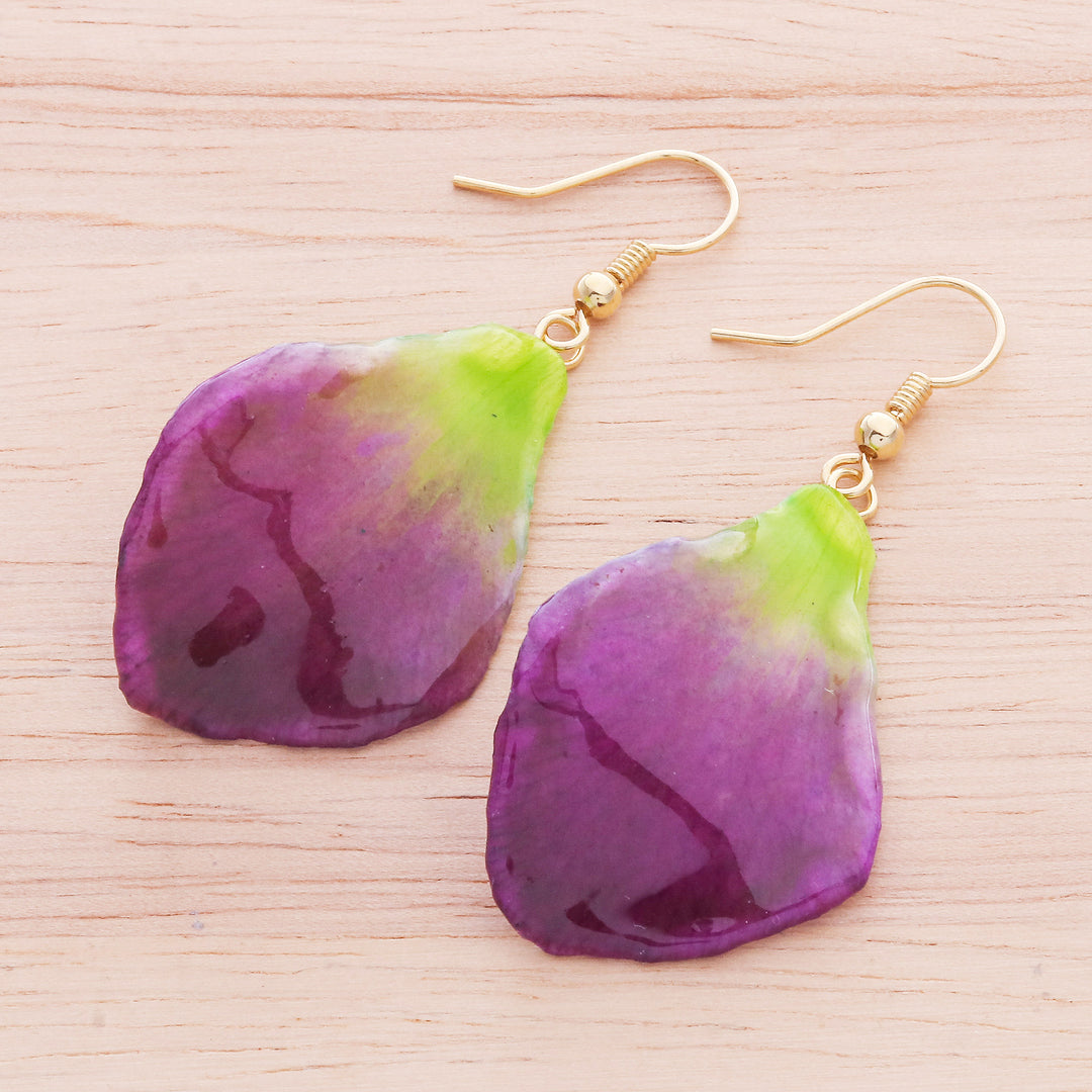 Gold-Plated Orchid Petal Dangle Earrings - Summer Treat in Berry
