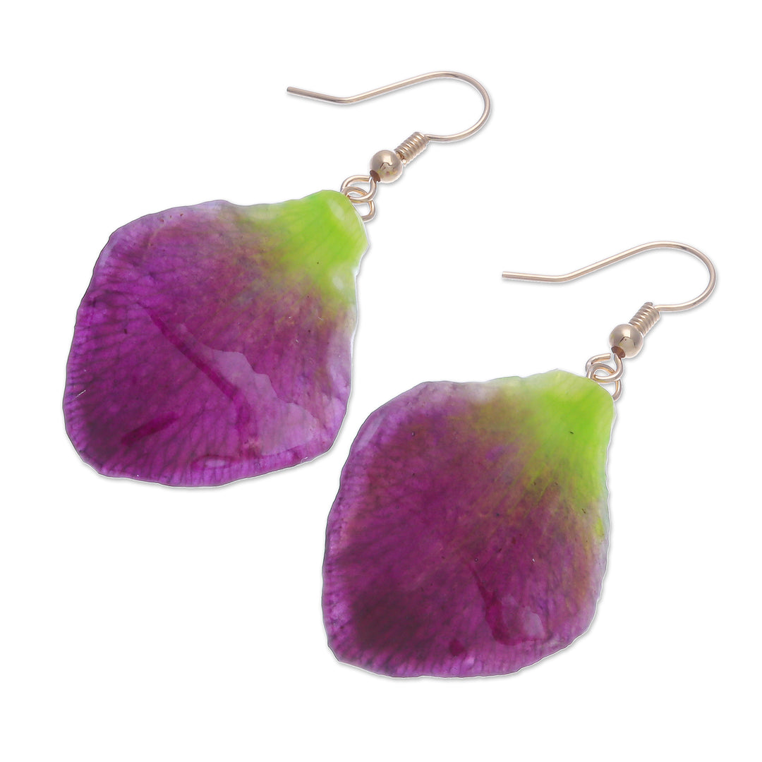 Gold-Plated Orchid Petal Dangle Earrings - Summer Treat in Berry