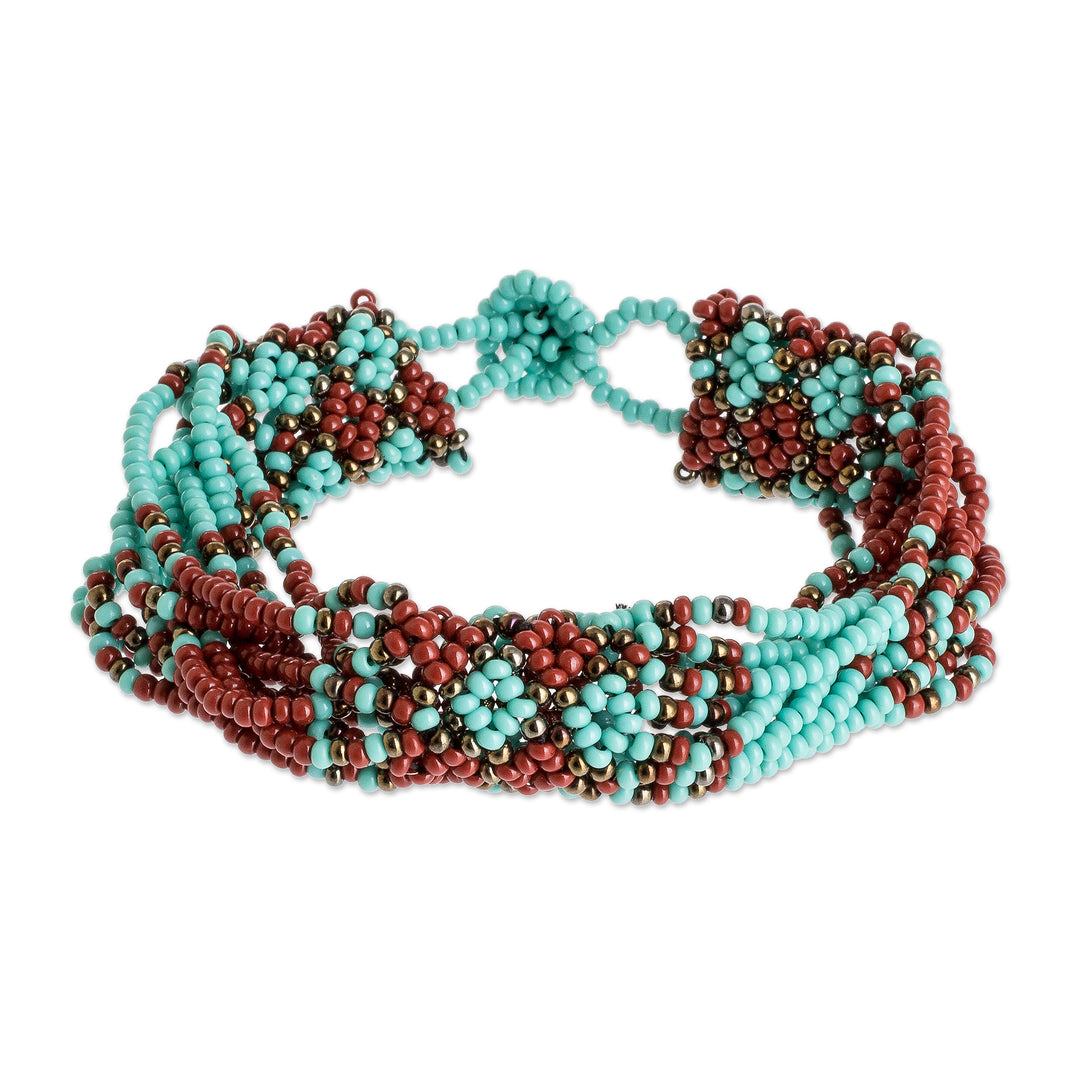 Aqua and Russet Beaded Bracelet - Flower Harmony in Aqua