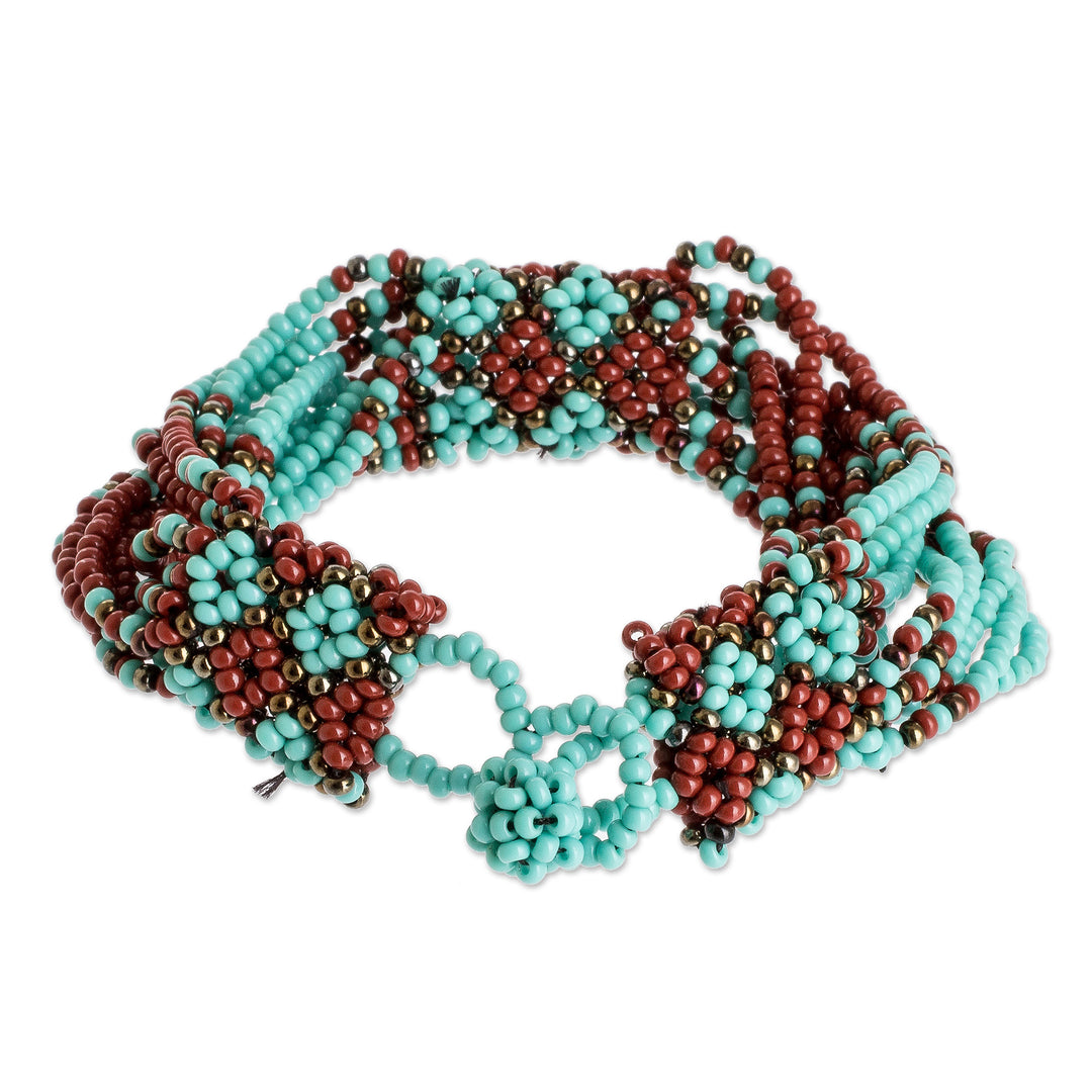 Aqua and Russet Beaded Bracelet - Flower Harmony in Aqua
