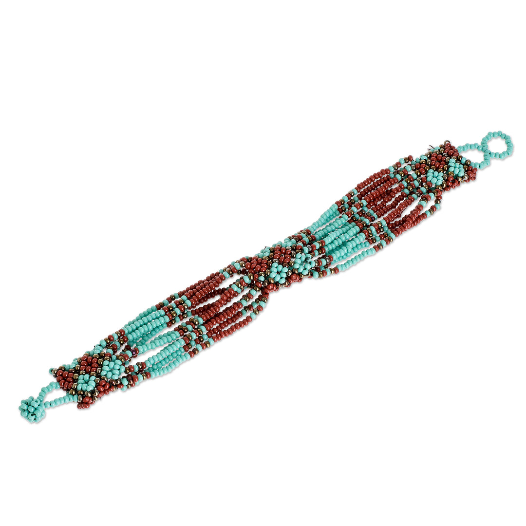 Aqua and Russet Beaded Bracelet - Flower Harmony in Aqua